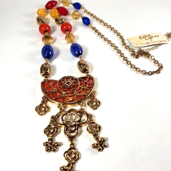 Erica Lyons 26" Gold-tone Multi-Color Beaded Necklace with Filigree Drop Pendant - Picture 6 of 9